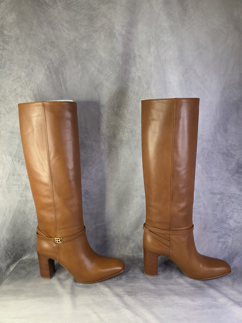 Ralph Lauren Tan Brown Leather Knee High Block Heel Boots Size 39 B 8.5-9